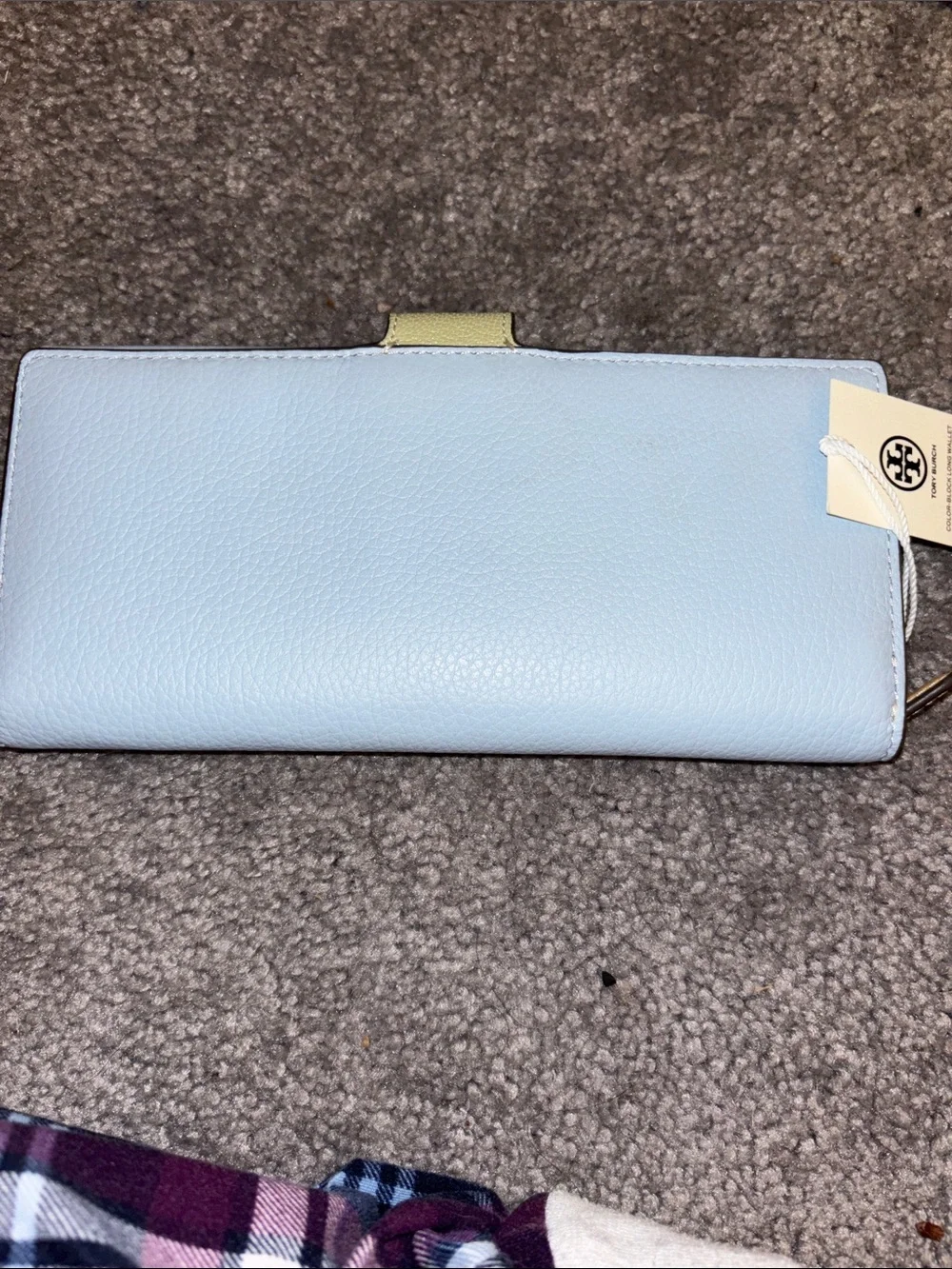 Tory Burch Light Blue Continental Wallet with Lime Snap Closure